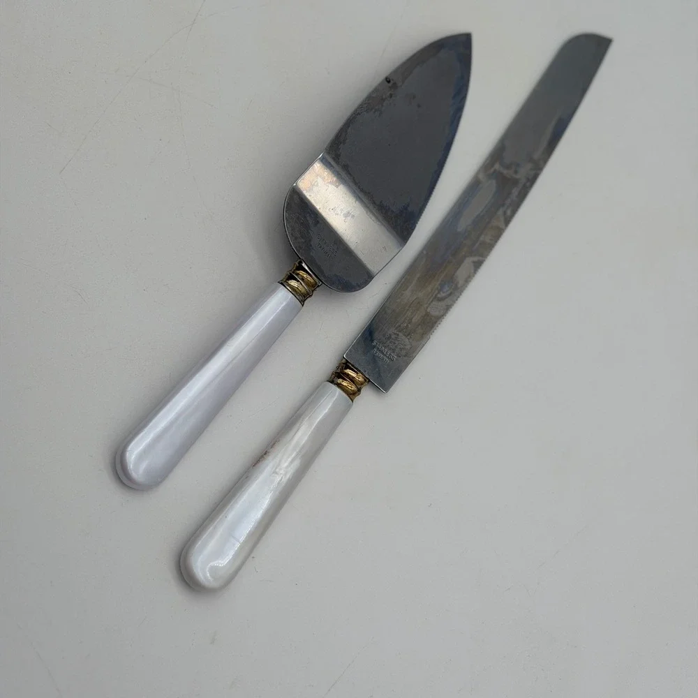 Vintage Stainless Taiwan Cake Knife and Server Set Faux Mother of Pearl Handles
